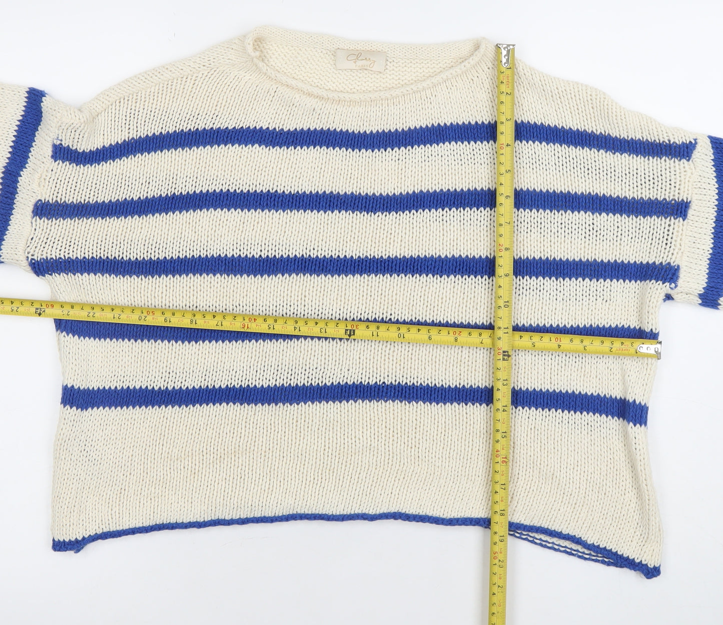 Glossy Paris Womens White Blue Striped Cotton Knit Jumper M