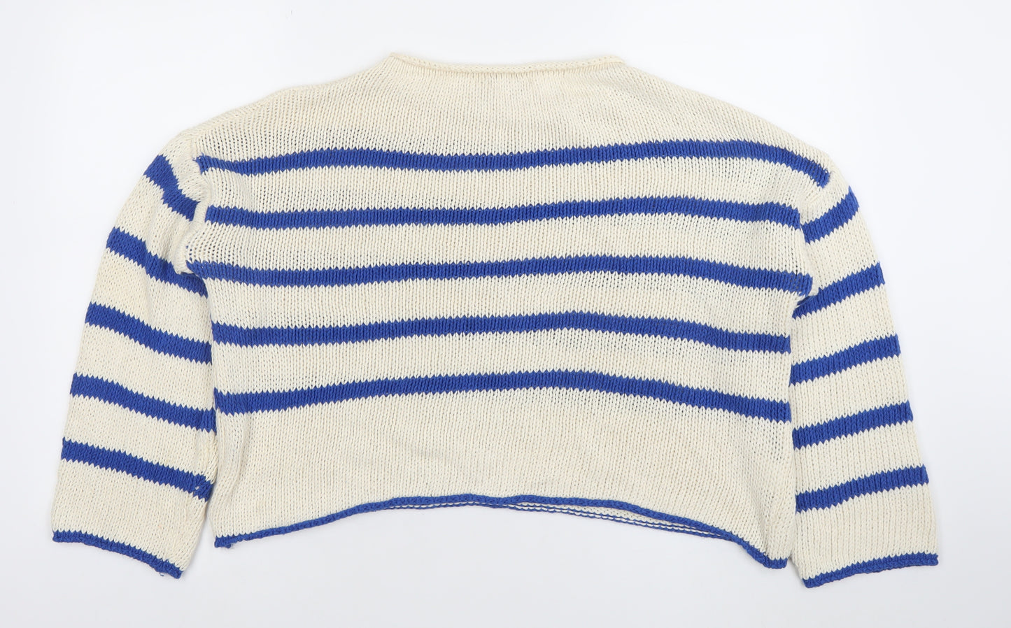 Glossy Paris Womens White Blue Striped Cotton Knit Jumper M