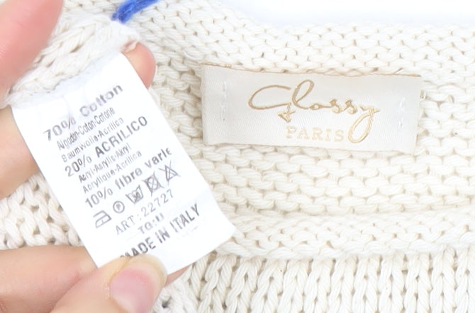 Glossy Paris Womens White Blue Striped Cotton Knit Jumper M