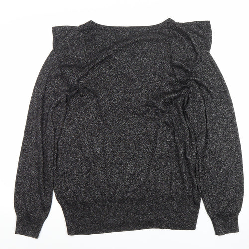Next Women Black L V-Neck Ruffle Glitter Pullover Jumper