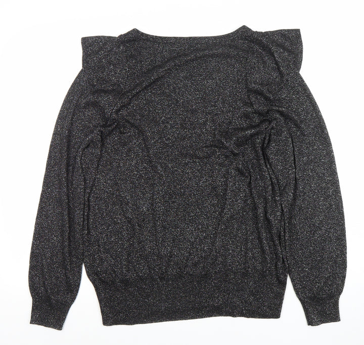 Next Women Black L V-Neck Ruffle Glitter Pullover Jumper