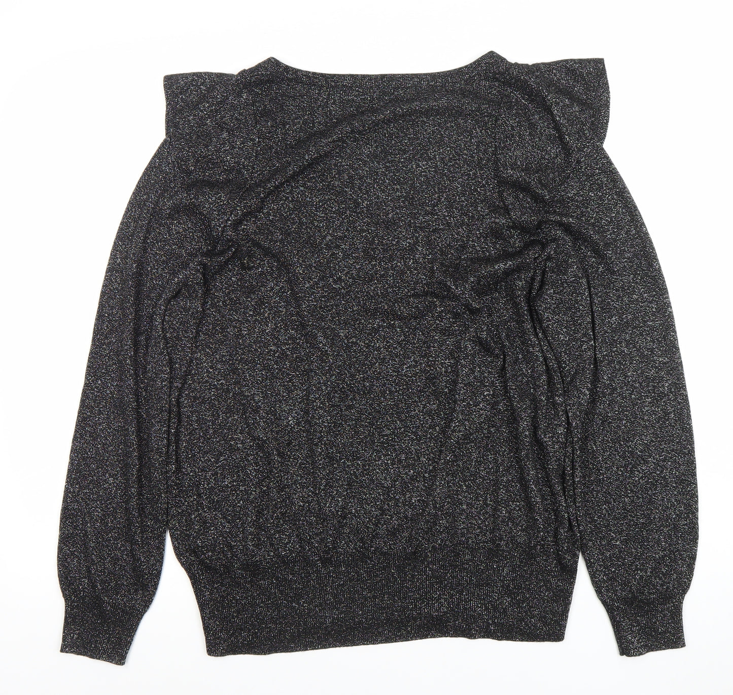 Next Women Black L V-Neck Ruffle Glitter Pullover Jumper