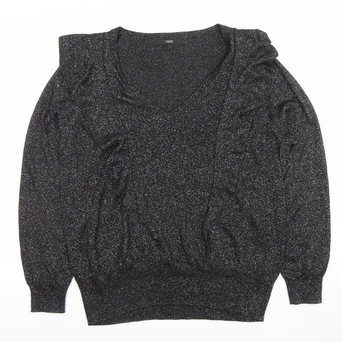 Next Women Black L V-Neck Ruffle Glitter Pullover Jumper