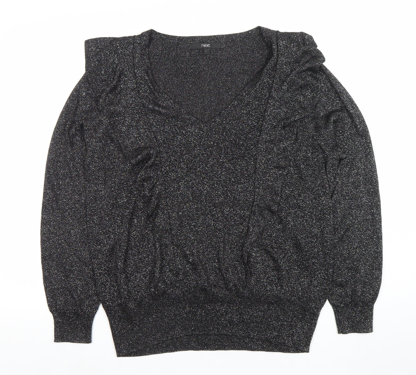 Next Women Black L V-Neck Ruffle Glitter Pullover Jumper