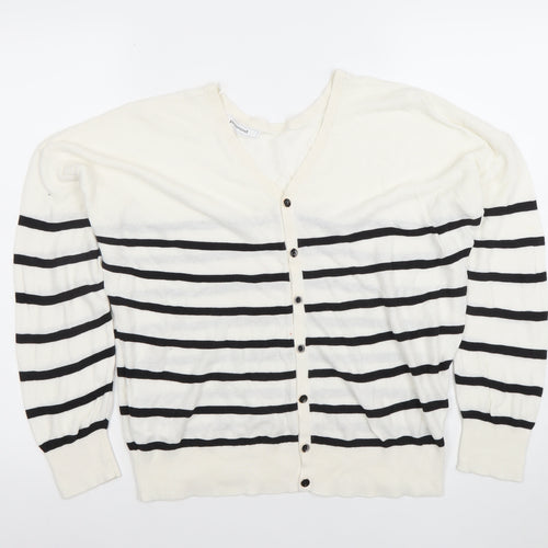 Promod Women White Black Striped V-Neck Button Cardigan M