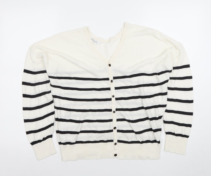Promod Women White Black Striped V-Neck Button Cardigan M