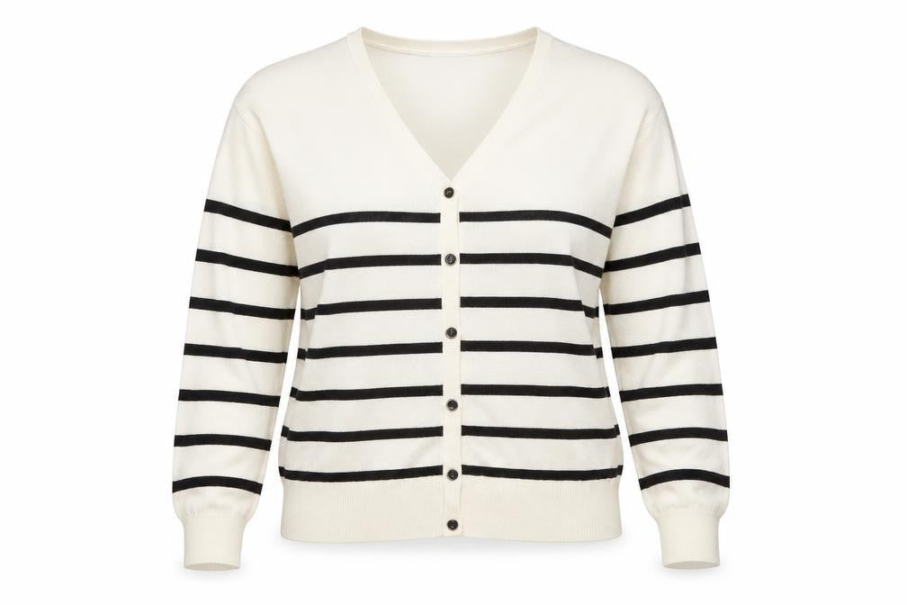Front view of Promod Women White Black Striped V-Neck Button Cardigan M