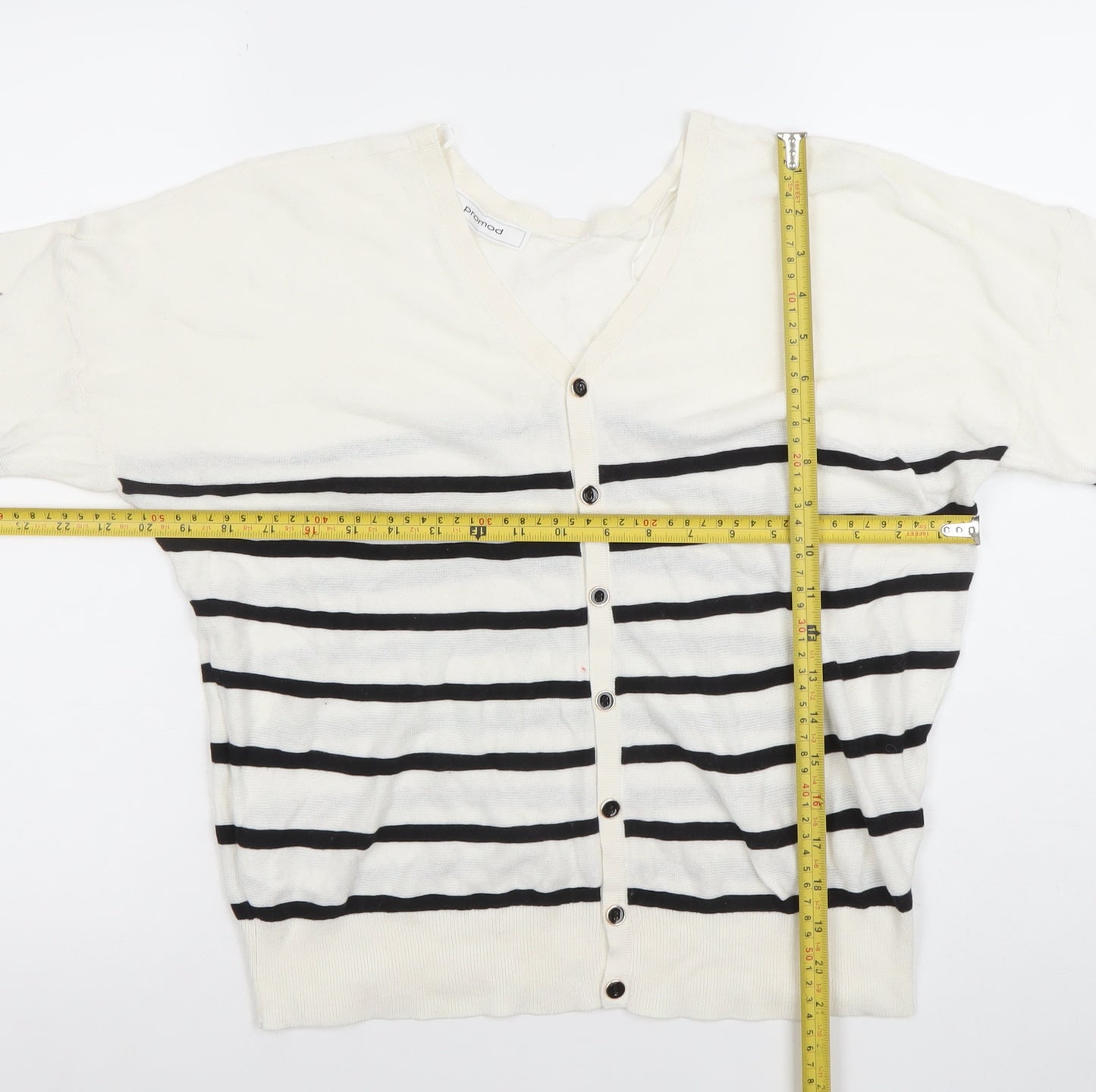 Promod Women White Black Striped V-Neck Button Cardigan M