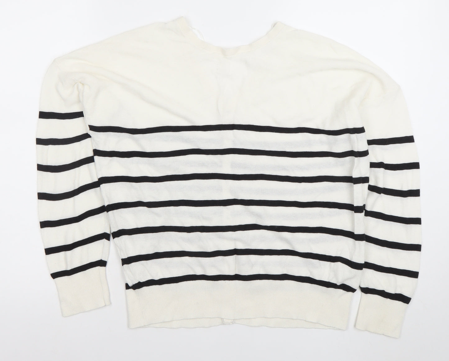 Promod Women White Black Striped V-Neck Button Cardigan M
