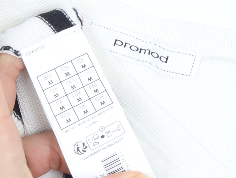 Promod Women White Black Striped V-Neck Button Cardigan M