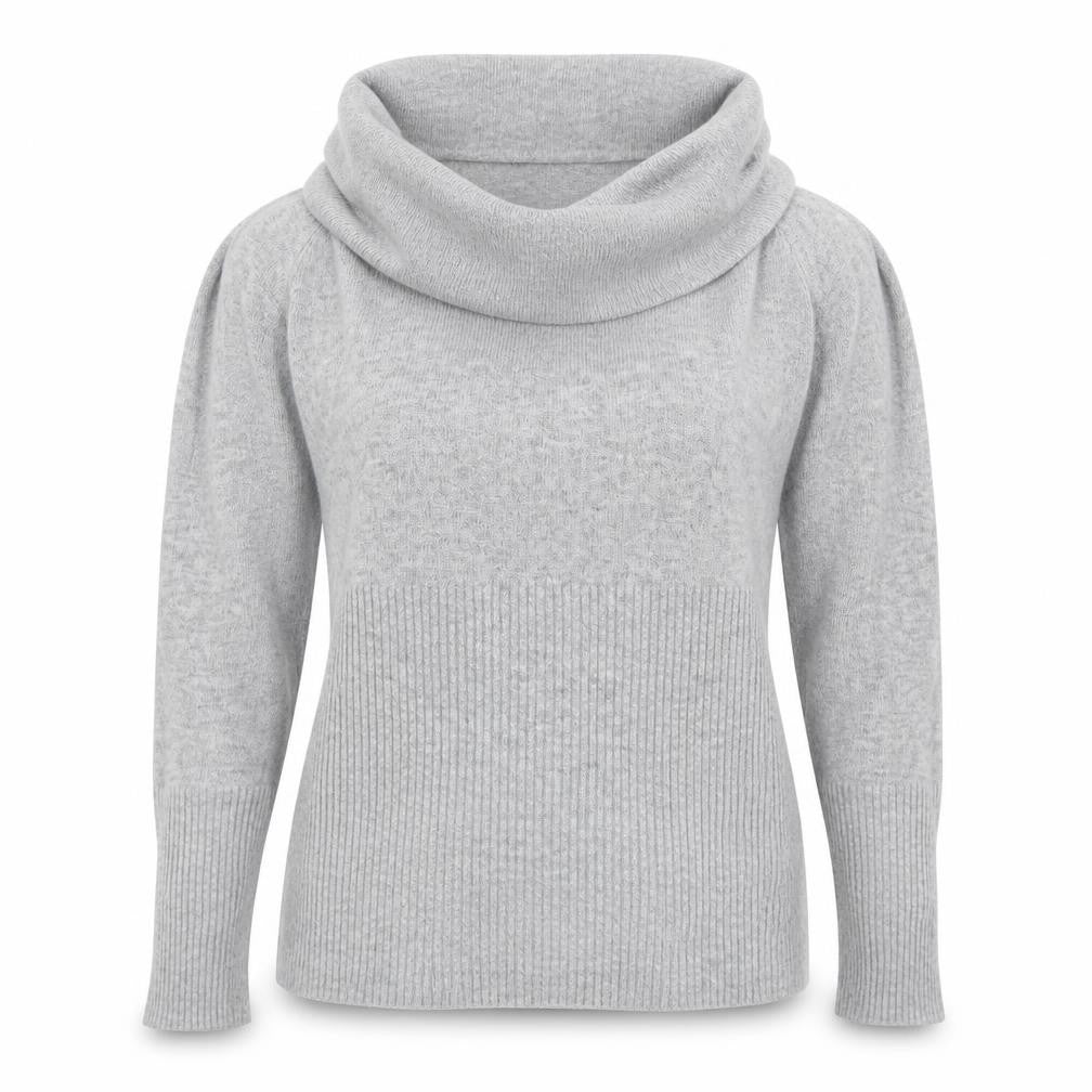 Front view of Sioni Women's Grey Cowl Neck Long Sleeve Jumper M Wool Blend