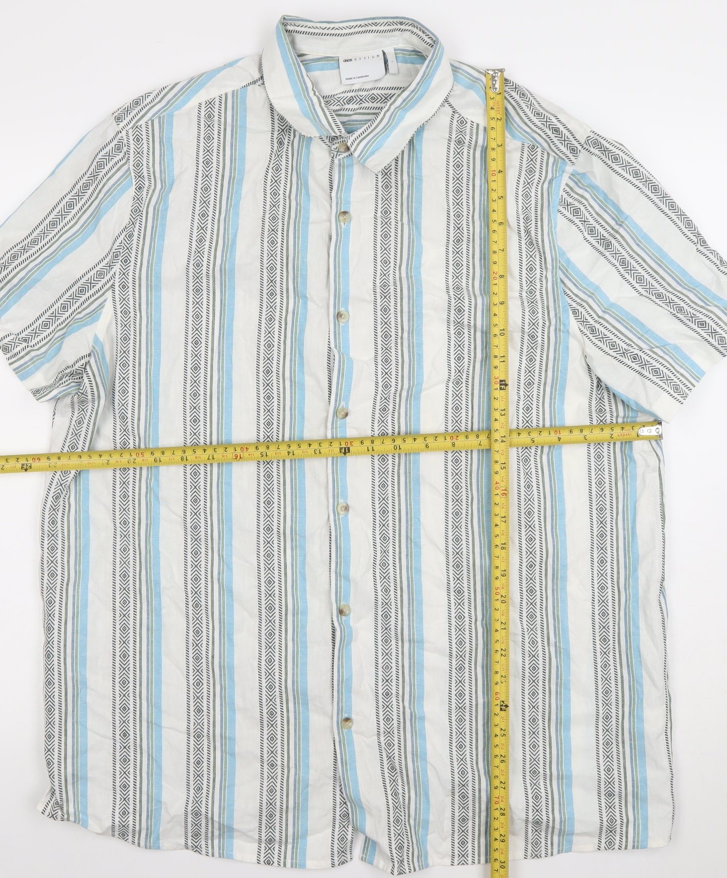 ASOS DESIGN Men's Multicoloured Striped Short Sleeve Cotton Shirt L