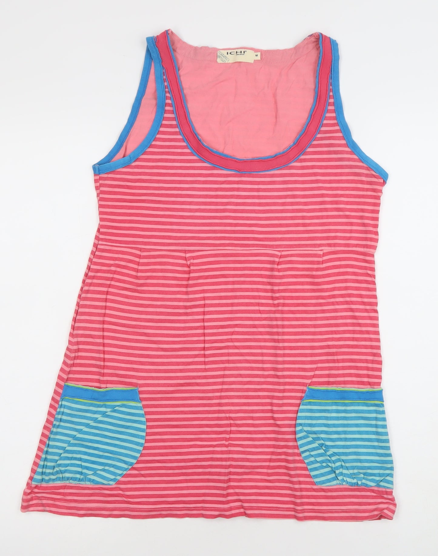 ICHI Women's Pink Striped Cotton Sleeveless Tank Top M