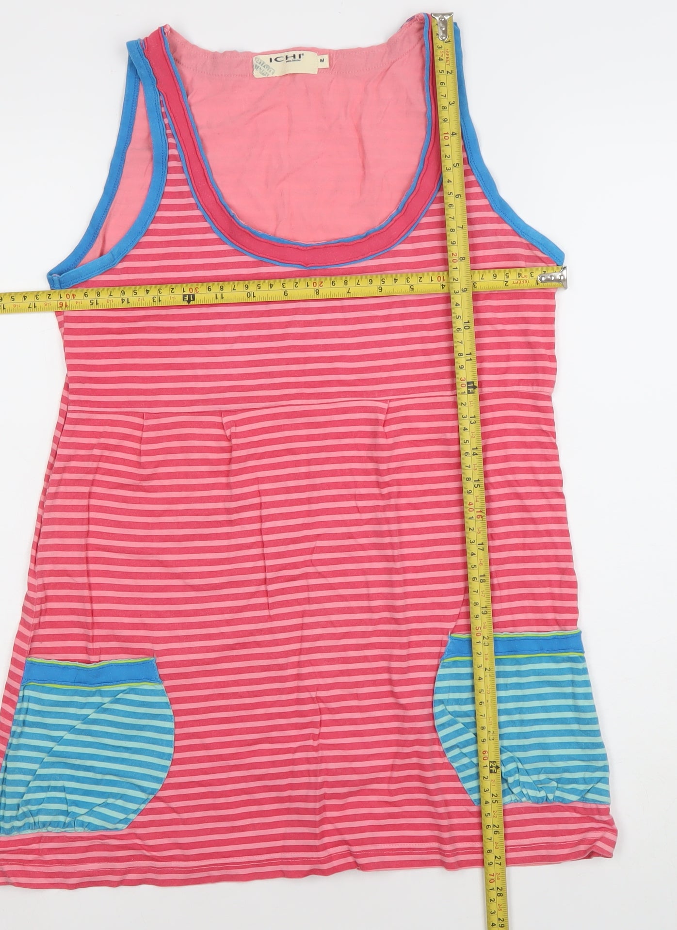 ICHI Women's Pink Striped Cotton Sleeveless Tank Top M