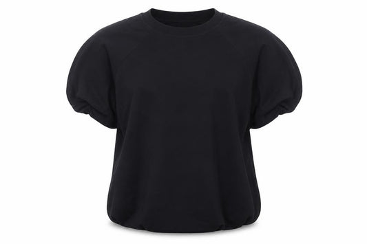 Front view of C&A women’s black puff sleeve crew neck t-shirt, size M