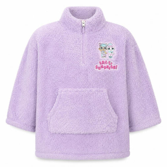 Front view of LOL Surprise girls’ purple fleece hooded lounge gown 9-12 years