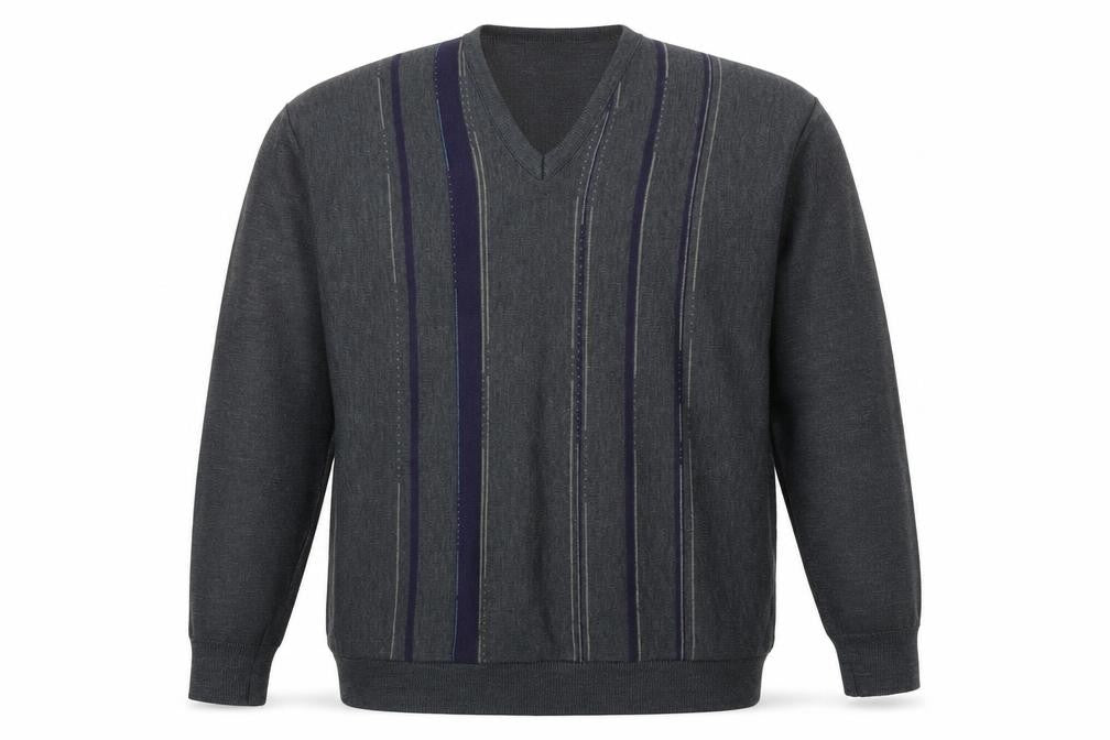 Front view of Peter Rath Men’s Grey Striped V-Neck Wool Blend Jumper XL