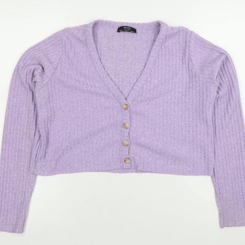 Bershka Women’s Purple Ribbed V-Neck Button Cardigan Size 12