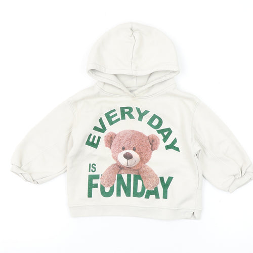 ZARA Girls Beige Teddy Bear Graphic Pullover Hoodie 2-3 Years
