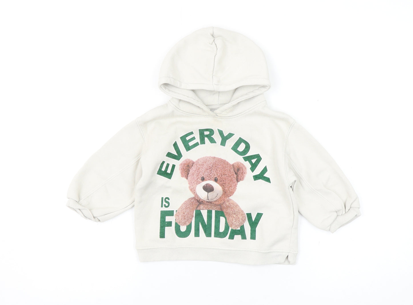 ZARA Girls Beige Teddy Bear Graphic Pullover Hoodie 2-3 Years