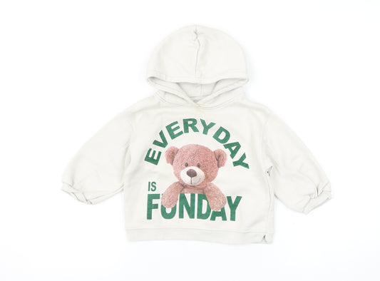 ZARA Girls Beige Teddy Bear Graphic Pullover Hoodie 2-3 Years