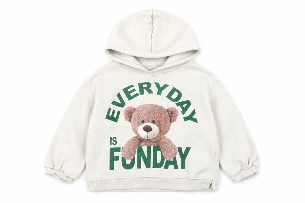 Front view of Zara girls’ beige teddy bear graphic pullover hoodie 2-3 years
