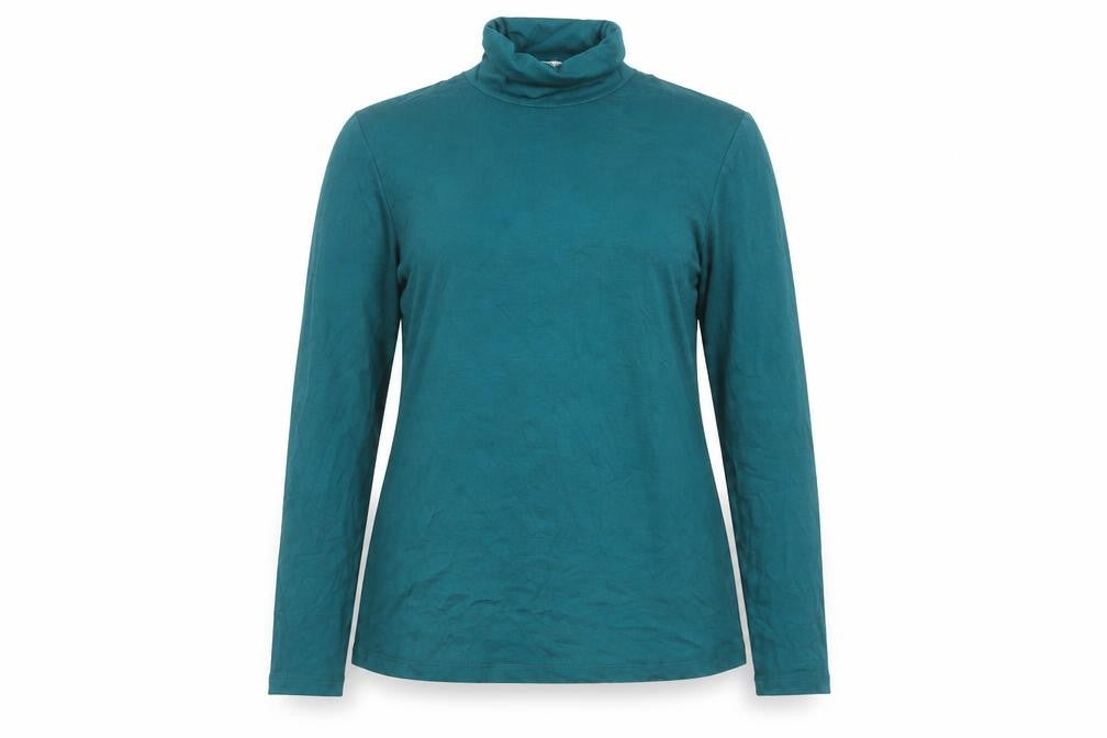 Front view of ON Fashion Women’s Green Roll Neck Long Sleeve Basic Top, size UK 12