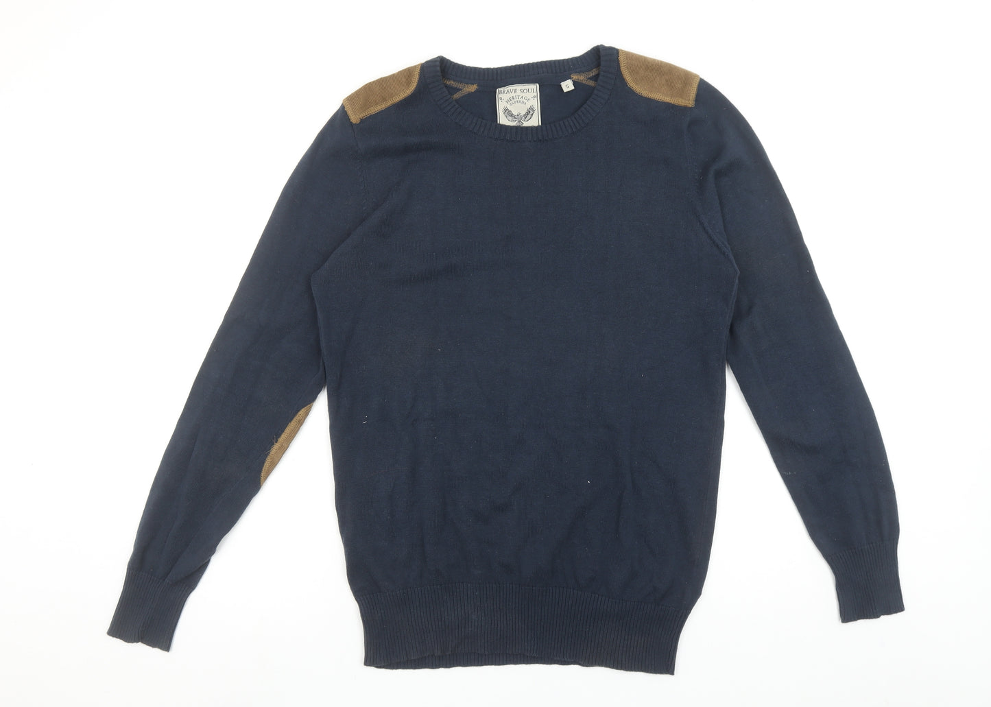 Brave Soul Men's Blue Cotton Crew Neck Pullover Jumper Size S