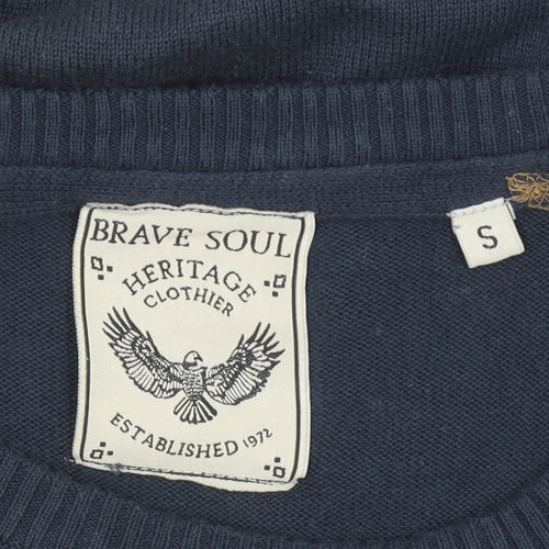 Brave Soul Men's Blue Cotton Crew Neck Pullover Jumper Size S