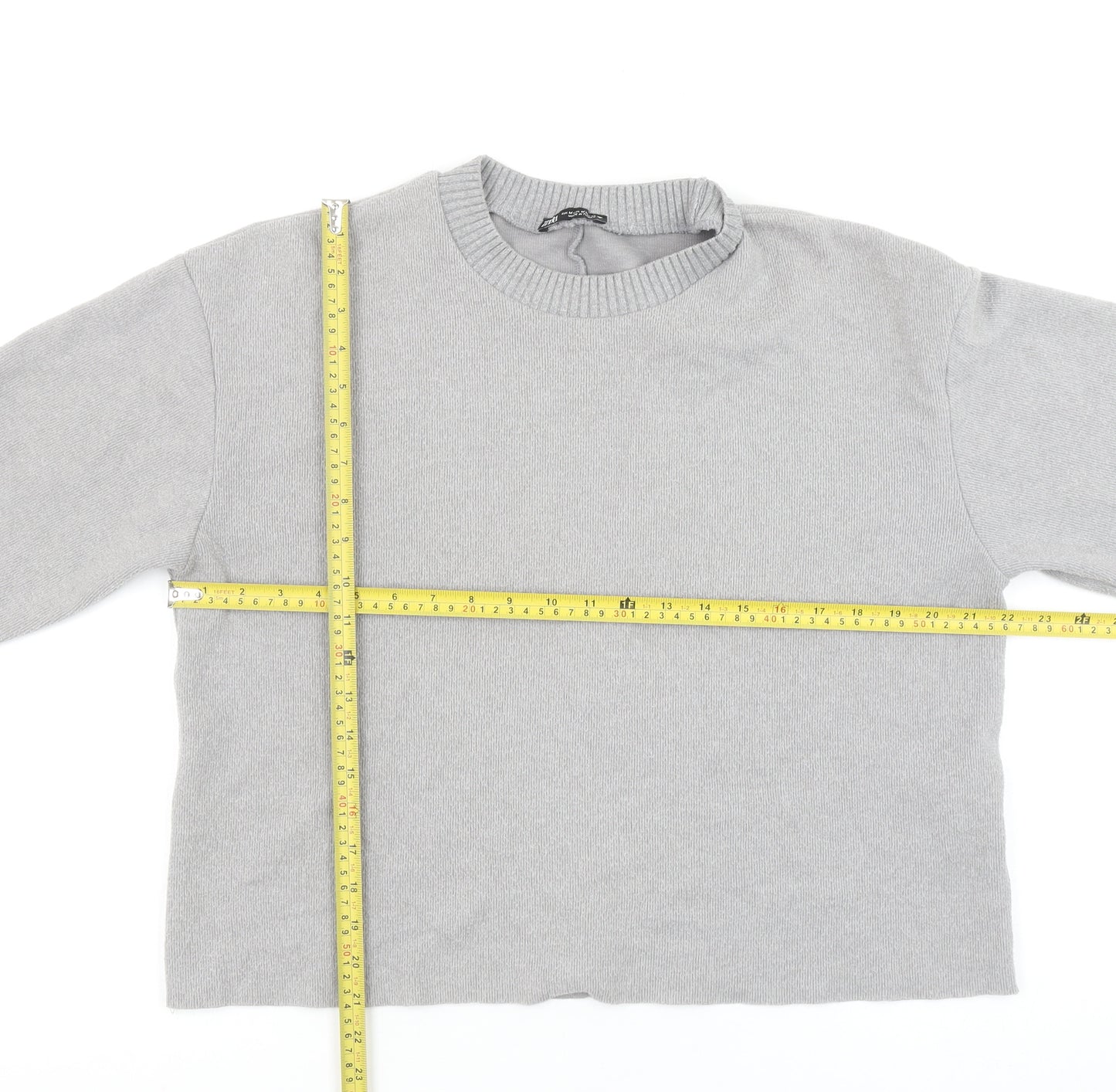ZARA Women Grey Crew Neck Knit Jumper Size 12 Long Sleeve Pullover