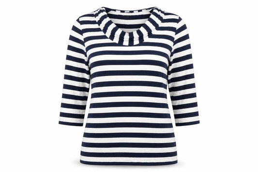 Front view of Phase Eight Women’s Blue Striped Jersey Cowl Neck 3/4 Sleeve Top, size UK 18