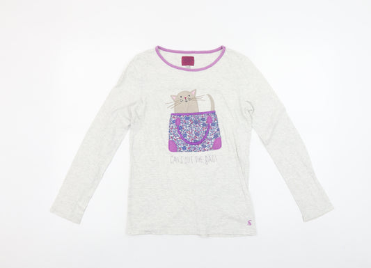 Joules Girls Ivory Long Sleeve Cat Print Cotton T-Shirt 11-12 Years