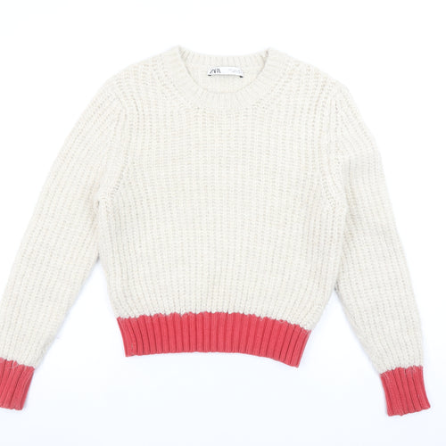 Zara Women’s Cream & Red Knit Jumper Size S Crew Neck Long Sleeve