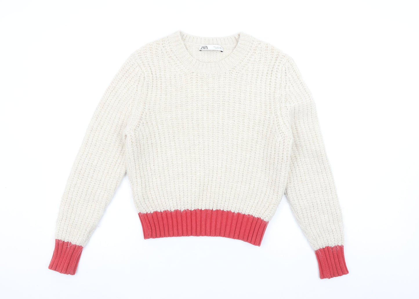 Zara Women’s Cream & Red Knit Jumper Size S Crew Neck Long Sleeve