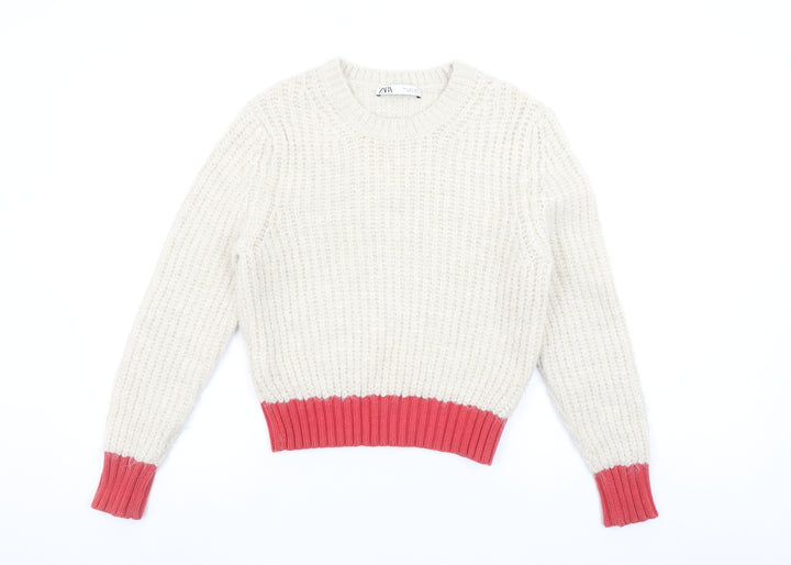 Zara Women’s Cream & Red Knit Jumper Size S Crew Neck Long Sleeve