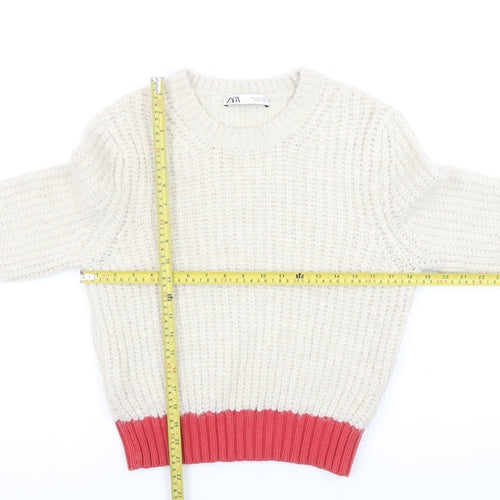 Zara Women’s Cream & Red Knit Jumper Size S Crew Neck Long Sleeve