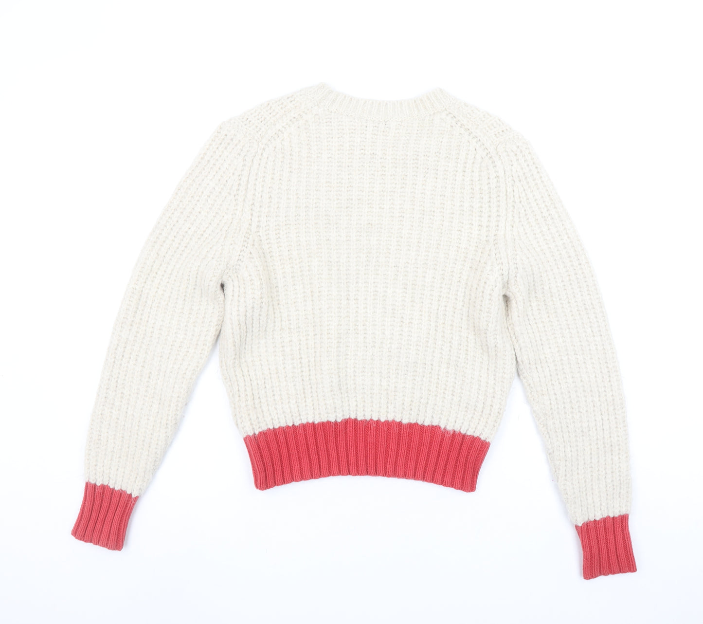 Zara Women’s Cream & Red Knit Jumper Size S Crew Neck Long Sleeve