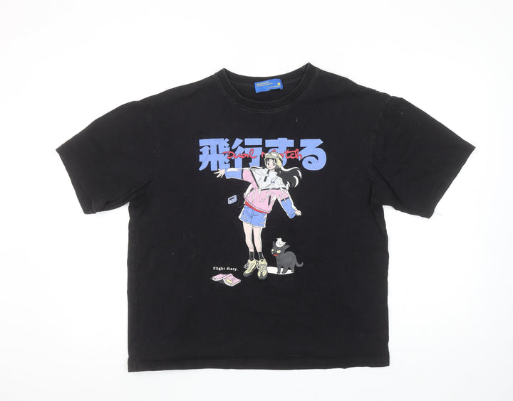 DUALMATCH Womens Black Anime Graphic Cotton T-Shirt Size S