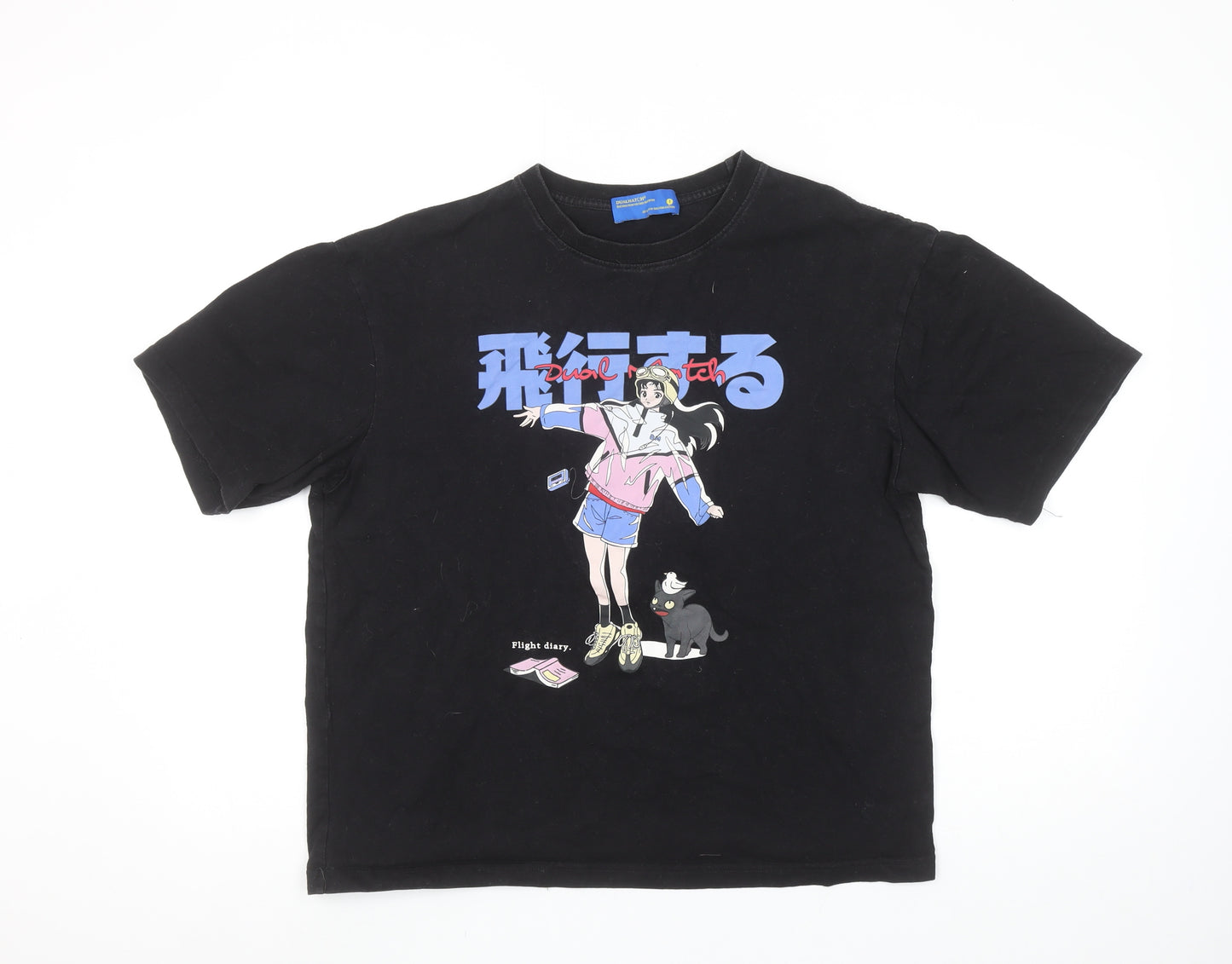 DUALMATCH Womens Black Anime Graphic Cotton T-Shirt Size S