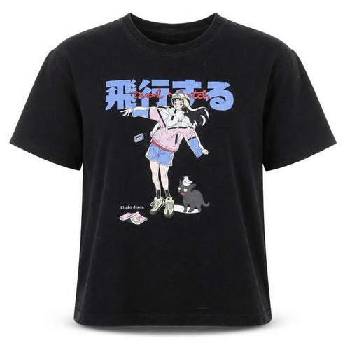 DUALMATCH Womens Black Anime Graphic Cotton T-Shirt Size S