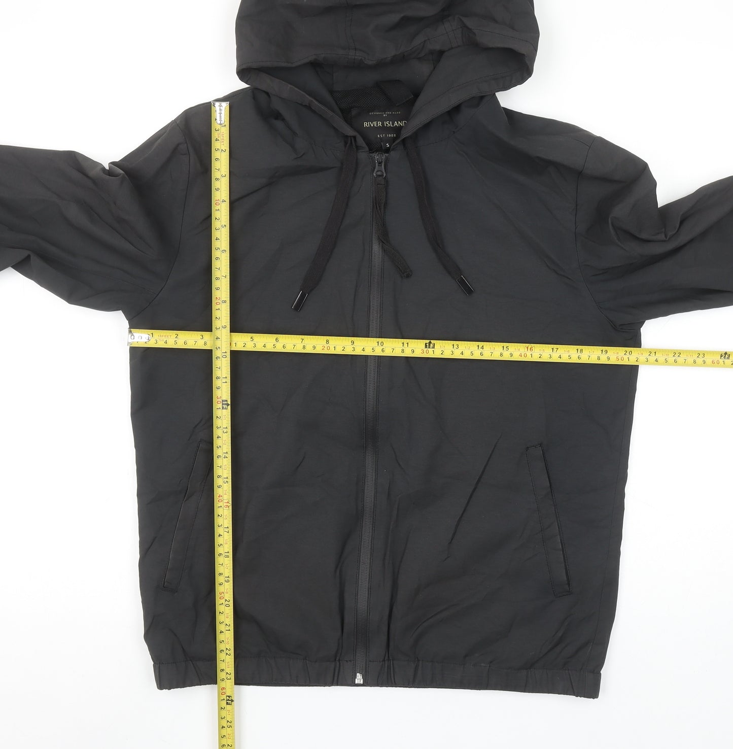 River Island Men's Black Hooded Windbreaker Jacket Size S