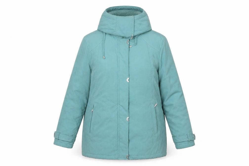 Front view of Klassik women’s green hooded parka jacket, size UK 14, water resistant