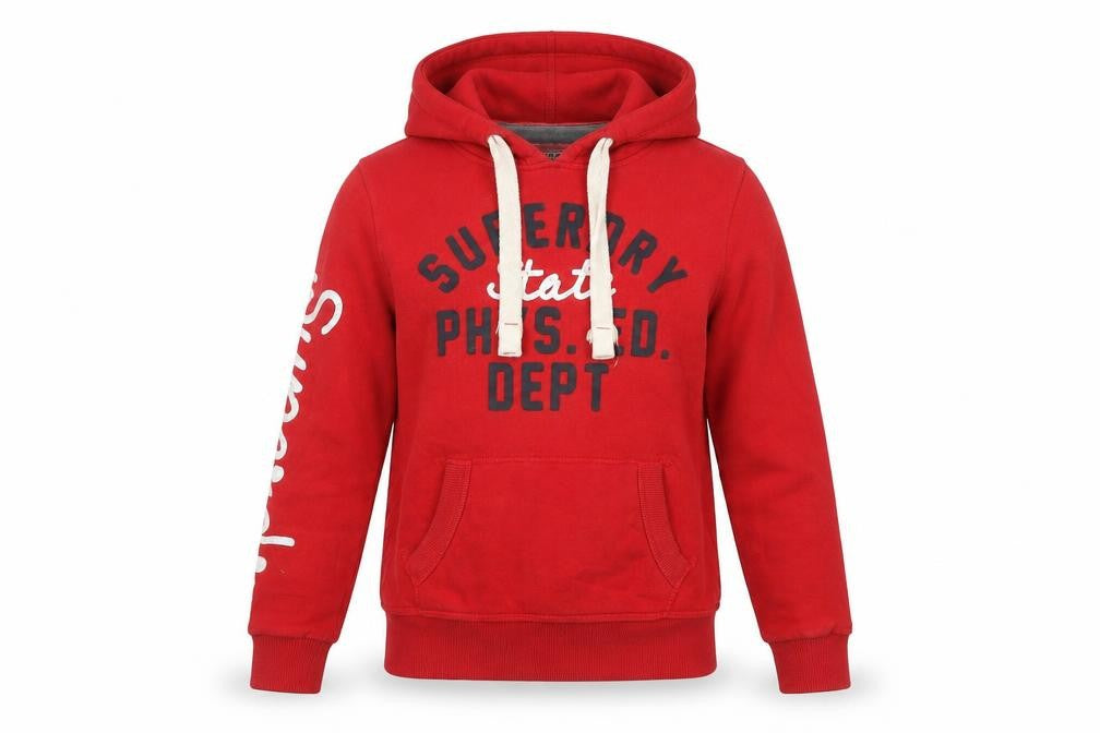 Front view of Superdry women’s red xs pullover hoodie with logo print