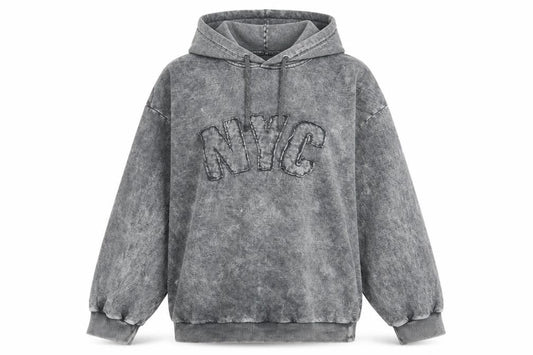 Front view of Boohoo women’s grey nyc hoodie uk 8 pullover long sleeve casual
