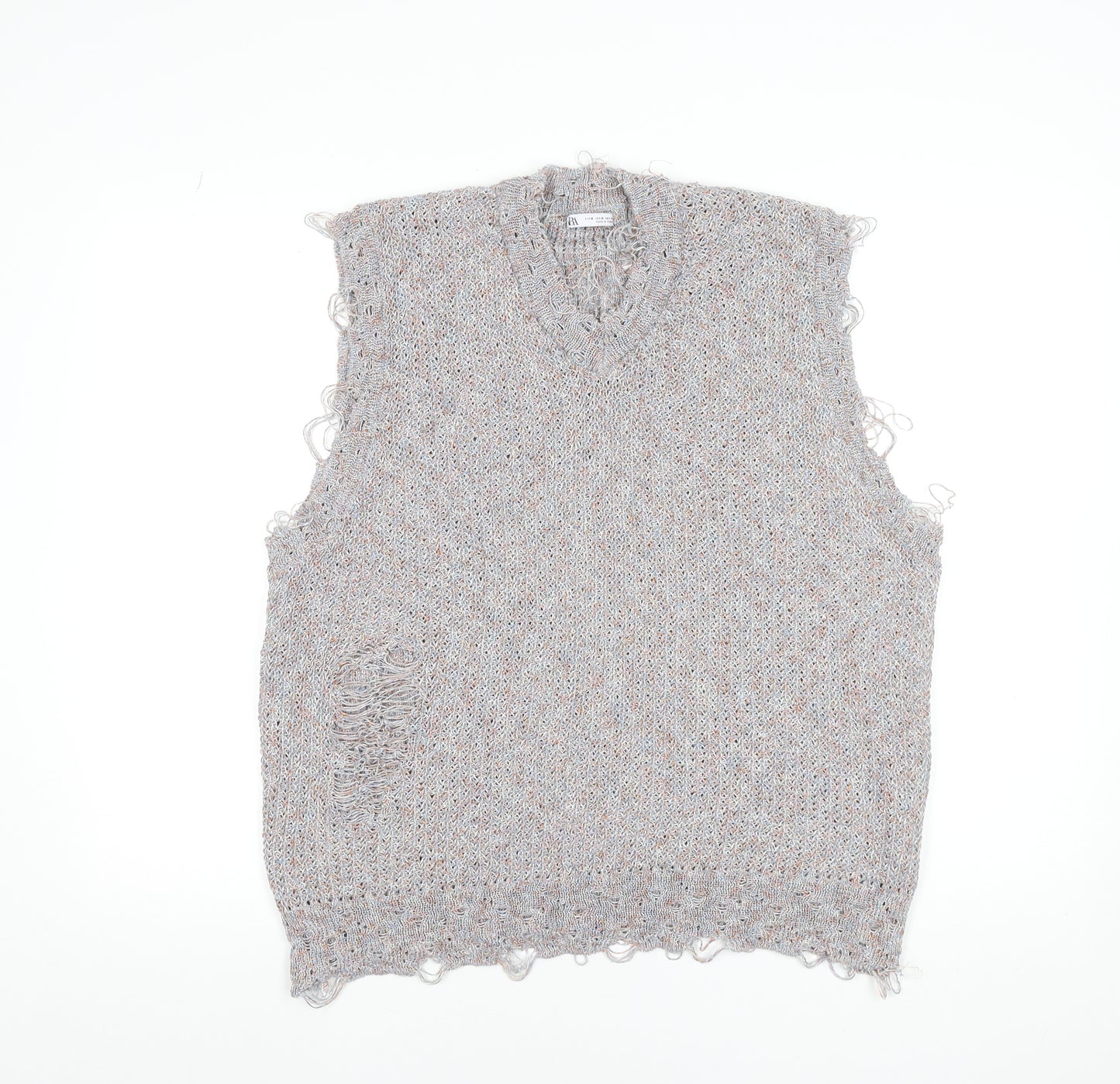 Zara Women Grey Distressed V-Neck Knit Vest Jumper Size 12