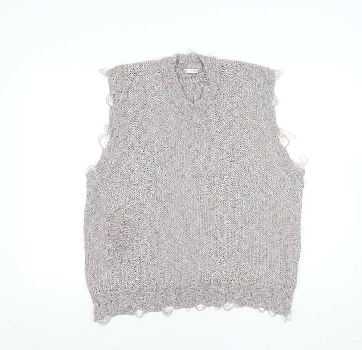 Zara Women Grey Distressed V-Neck Knit Vest Jumper Size 12