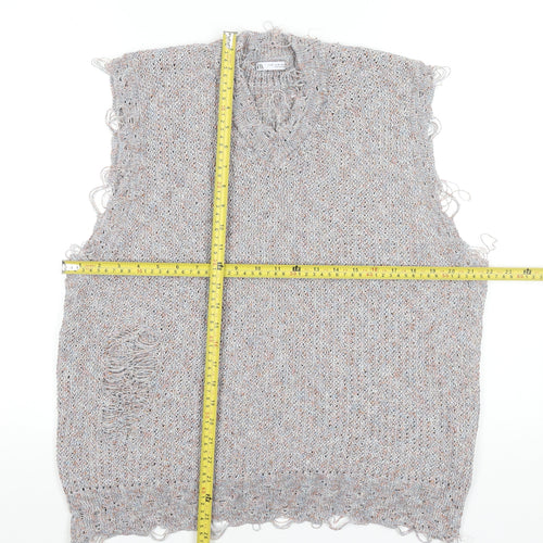 Zara Women Grey Distressed V-Neck Knit Vest Jumper Size 12