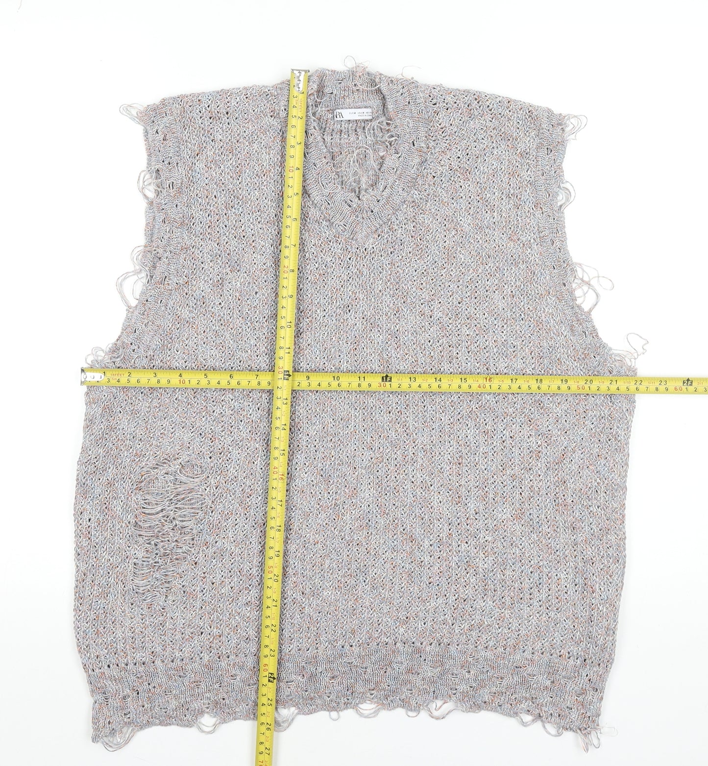 Zara Women Grey Distressed V-Neck Knit Vest Jumper Size 12