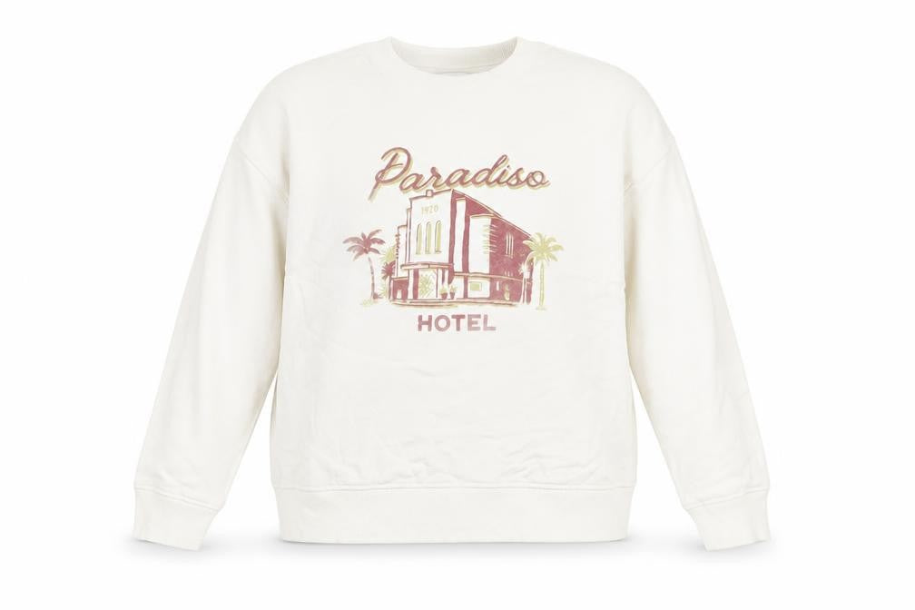 Front view of Marks & Spencer Women Beige Paradiso Graphic Cotton Sweatshirt Medium