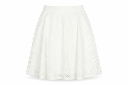 Front view of Zara Women White A-Line Lace Skirt, size 10, Knee Length Elastic Waist